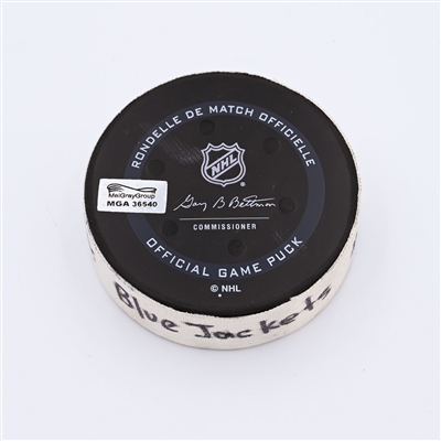 Boone Jenner - Columbus Blue Jackets - Goal Puck - January 27, 2022 vs. New York Rangers (Blue Jackets Logo) - 2021-22 NHL Season