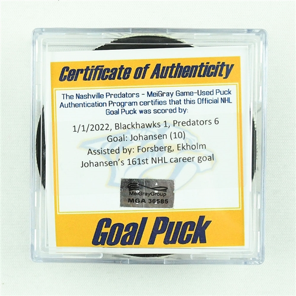 Ryan Johansen - Nashville Predators - Goal Puck - January 1, 2022 vs. Chicago Blackhawks (Predators Logo)