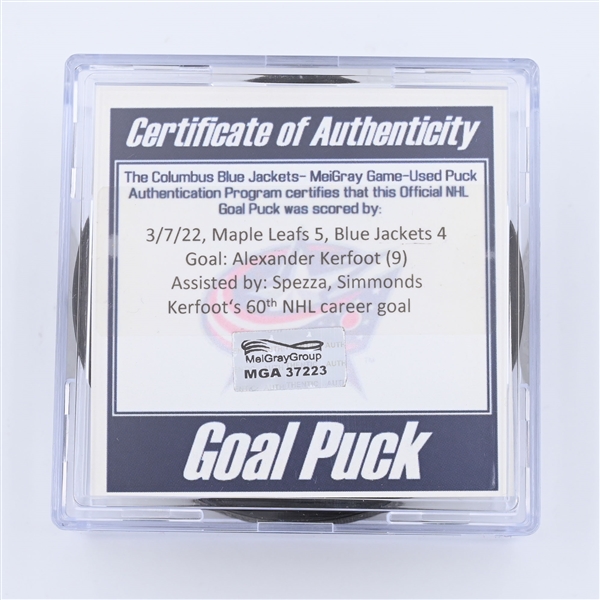 Alexander Kerfoot - Toronto Maple Leafs - Goal Puck - March 7, 2022 vs. Columbus Blue Jackets (Blue Jackets Logo) - 2021-22 NHL Season