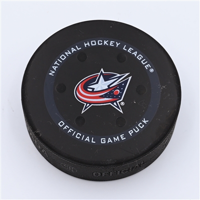 Alexander Kerfoot - Toronto Maple Leafs - Goal Puck - March 7, 2022 vs. Columbus Blue Jackets (Blue Jackets Logo) - 2021-22 NHL Season