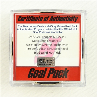Chris Kreider - New York Rangers - Goal Puck - March 4, 2021 vs. New Jersey Devils (Devils Logo) - 1st Goal of Hat Trick 