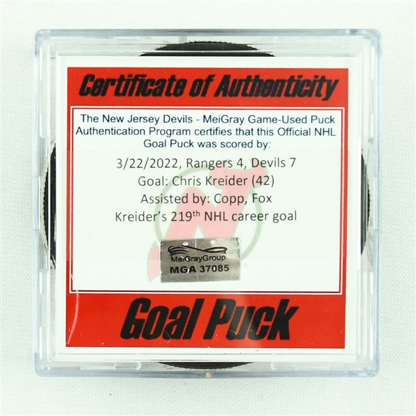 Chris Kreider - New York Rangers - Goal Puck - March 22, 2022 vs. New Jersey Devils (Devils Logo)