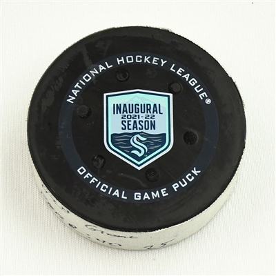 Karson Kuhlman - Seattle Kraken - Goal Puck - April 3, 2022 vs. Dallas Stars (Kraken Inaugural Season Logo) 