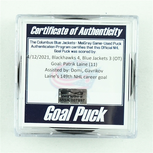 Patrik Laine - Columbus Blue Jackets - Goal Puck - April 12, 2021 vs. Chicago Blackhawks (Blue Jackets 20th Anniversary Logo)