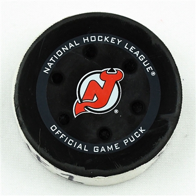 Johan Larsson - Arizona Coyotes - Goal Puck - January 19, 2022 vs. New Jersey Devils (Devils Logo)