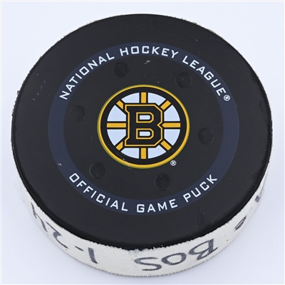 Isac Lundestrom - Anaheim Ducks - Goal Puck - January 24, 2022 vs Boston Bruins (Boston Bruins logo) - 2021-22 NHL Season