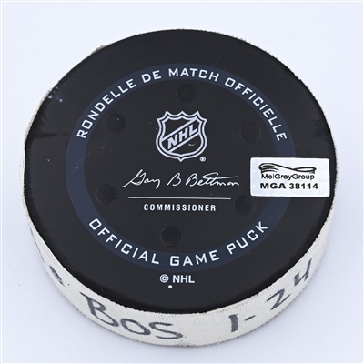 Isac Lundestrom - Anaheim Ducks - Goal Puck - January 24, 2022 vs Boston Bruins (Boston Bruins logo) - 2021-22 NHL Season