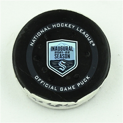 Andrew Mangiapane - Calgary Flames - Goal Puck - December 30, 2021 vs. Seattle Kraken (Kraken Inaugural Season Logo)