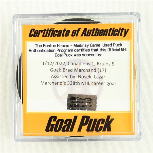 Brad Marchand - Boston Bruins - Goal Puck - January 12, 2022 vs. Montreal Canadiens (Bruins Logo)  - 1st Goal of Hat Trick 