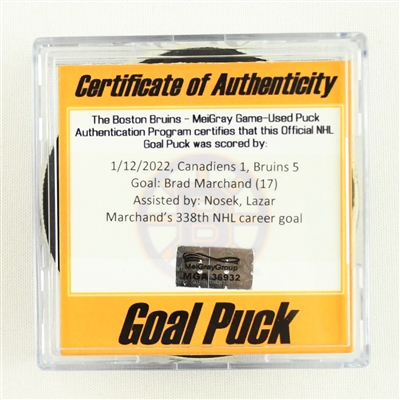 Brad Marchand - Boston Bruins - Goal Puck - January 12, 2022 vs. Montreal Canadiens (Bruins Logo)  - 1st Goal of Hat Trick 