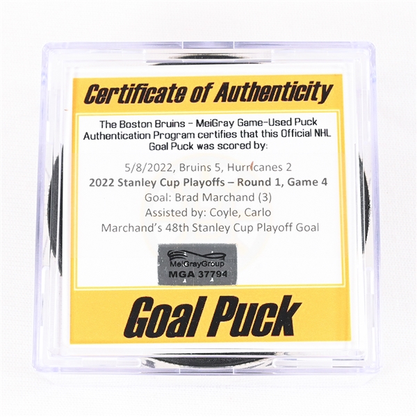 Brad Marchand - Boston Bruins - Goal Puck - May 8, 2022 vs. Carolina Hurricanes (Bruins Logo) - 2022 Stanley Cup Playoffs - Round 1, Game 4