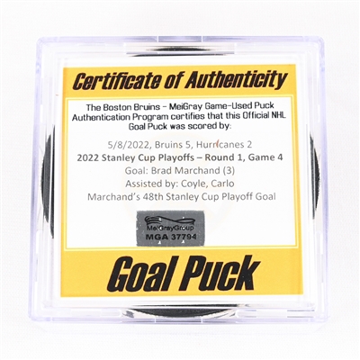 Brad Marchand - Boston Bruins - Goal Puck - May 8, 2022 vs. Carolina Hurricanes (Bruins Logo) - 2022 Stanley Cup Playoffs - Round 1, Game 4