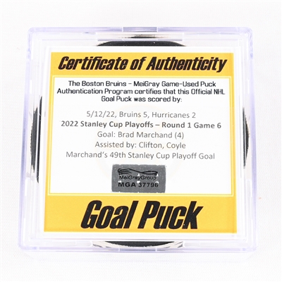 Brad Marchand - Boston Bruins - Goal Puck - May 12, 2022 vs. Carolina Hurricanes (Bruins Logo) - 2022 Stanley Cup Playoffs - Round 1, Game 6