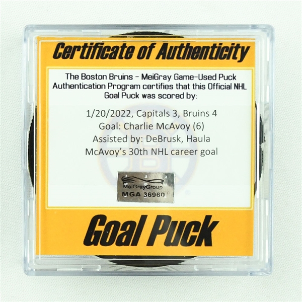 Charlie McAvoy - Boston Bruins - Goal Puck - January 20, 2022 vs. Washington Capitals (Bruins Logo)