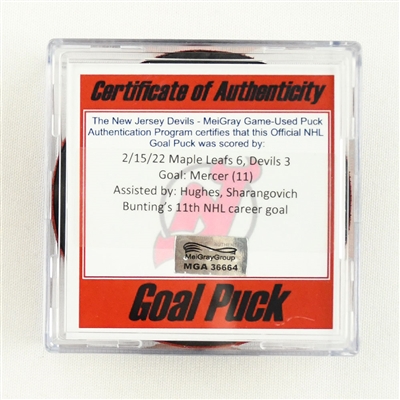 Dawson Mercer - New Jersey Devils - Goal Puck - February 15, 2022 vs. Toronto Maple Leafs (Devils Logo) 