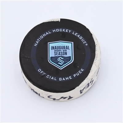Jake Muzzin - Toronto Maple Leafs - Goal Puck - February 14, 2022 vs. Seattle Kraken (Kraken Inaugural Season Logo) - 2021-22 NHL Season