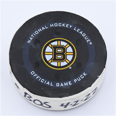 Gustav Nyquist - Columbus Blue Jackets - Goal Puck - April 2, 2022 vs Boston Bruins (Boston Bruins logo) - 2021-22 NHL Season
