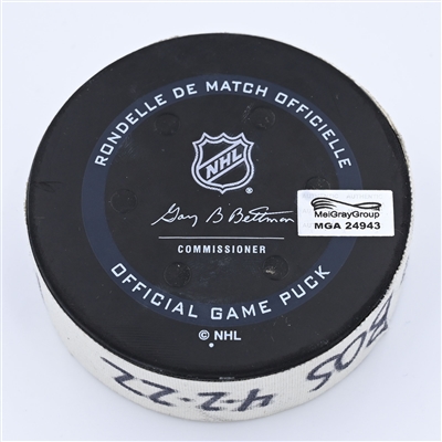 Gustav Nyquist - Columbus Blue Jackets - Goal Puck - April 2, 2022 vs Boston Bruins (Boston Bruins logo) - 2021-22 NHL Season