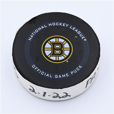 David Pastrnak - Boston Bruins - Goal Puck - February 2, 2022 vs Seattle Kraken (Boston Bruins logo) - 2021-22 NHL Season