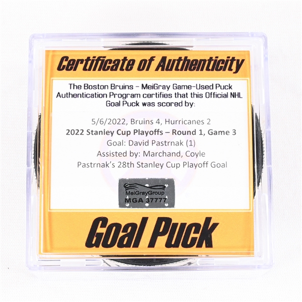 David Pastrnak - Boston Bruins - Goal Puck - May 6, 2022 vs. Carolina Hurricanes (Bruins Logo) - 2022 Stanley Cup Playoffs - Round 1, Game 3