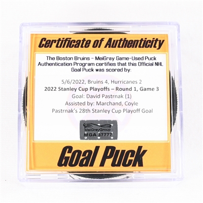 David Pastrnak - Boston Bruins - Goal Puck - May 6, 2022 vs. Carolina Hurricanes (Bruins Logo) - 2022 Stanley Cup Playoffs - Round 1, Game 3