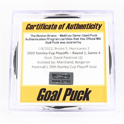 David Pastrnak - Boston Bruins - Goal Puck - May 8, 2022 vs. Carolina Hurricanes (Bruins Logo) - 2022 Stanley Cup Playoffs - Round 1, Game 4