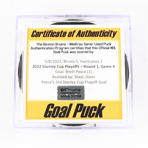 Brett Pesce - Carolina Hurricanes - Goal Puck - May 8, 2022 vs. Boston Bruins (Bruins Logo) - 2022 Stanley Cup Playoffs - Round 1, Game 4