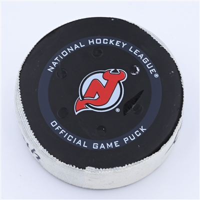 Rem Pitlick - Montreal Canadiens - Goal Puck - March 27, 2022 vs New Jersey Devils (New Jersey Devils logo) - 2021-22 NHL Season