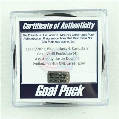 Vasili Podkolzin - Vancouver Canucks - Goal Puck - November 26, 2021 vs. Columbus Blue Jackets (Blue Jackets Logo)