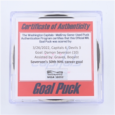 Damon Severson - New Jersey Devils - Goal Puck - March 26, 2022 vs. Washington Capitals (Capitals Logo)  - 2021-22 NHL Season