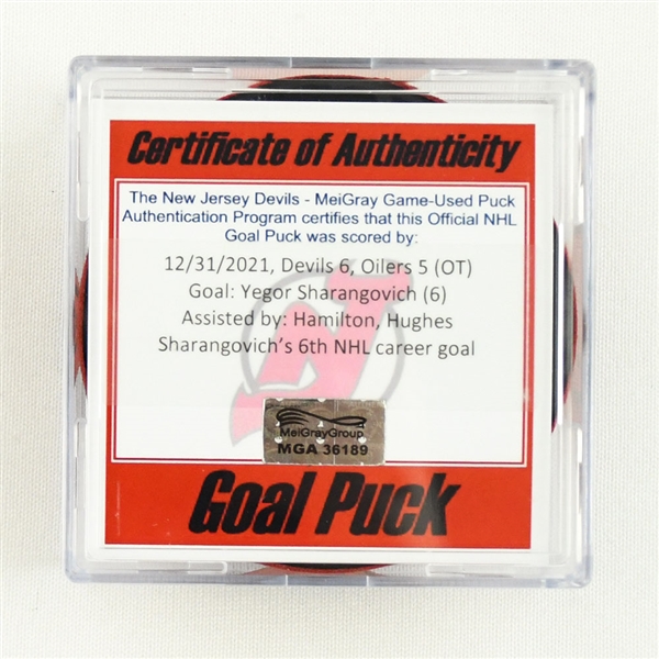 Yegor Sharangovich - New Jersey Devils - Goal Puck - December 31, 2021 vs. Edmonton Oilers (Devils Logo) 