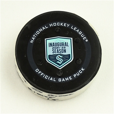 Riley Sheahan - Seattle Kraken - Goal Puck - February 22, 2022 vs. New York Islanders (Kraken Inaugural Season Logo) 