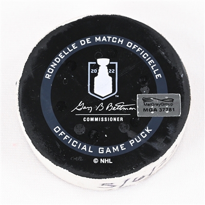 Jaccob Slavin - Carolina Hurricanes - Goal Puck - May 6, 2022 vs. Boston Bruins (Bruins Logo) - 2022 Stanley Cup Playoffs - Round 1, Game 3