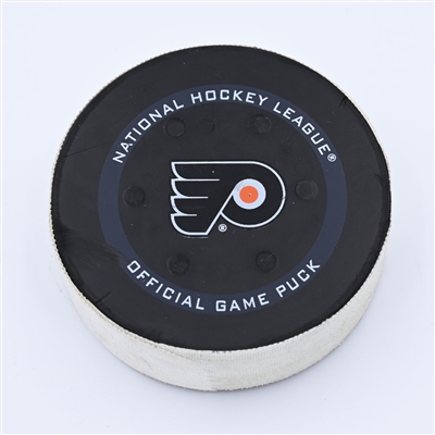 Dylan Strome - Chicago Blackhawks - Goal Puck - March 5, 2022 vs Philadelphia Flyers (Flyers logo) - 2021-22 NHL Season
