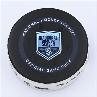 Brandon Tanev - Seattle Kraken - Goal Puck - October 26, 2021 vs. Montreal Canadiens (Kraken Inaugrual Season Logo) - 1st Win in Climate Pledge Arena History - 2021-22 NHL Season