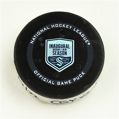 Tyler Toffoli - Calgary Flames - Goal Puck - April 9, 2022 vs. Seattle Kraken (Kraken Inaugural Season Logo) 