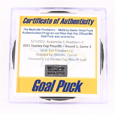 Eeli Tolvanen - Nashville Predators - Goal Puck - May 7, 2022 vs. Colorado Avalanche (Predators Logo) - 2022 Stanley Cup Playoffs - Round 1, Game 3