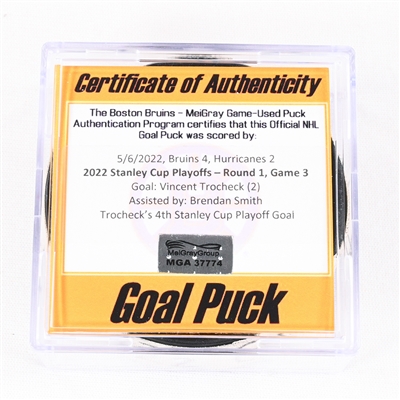 Vincent Trocheck - Carolina Hurricanes - Goal Puck - May 6, 2022 vs. Boston Bruins (Bruins Logo) - 2022 Stanley Cup Playoffs - Round 1, Game 3