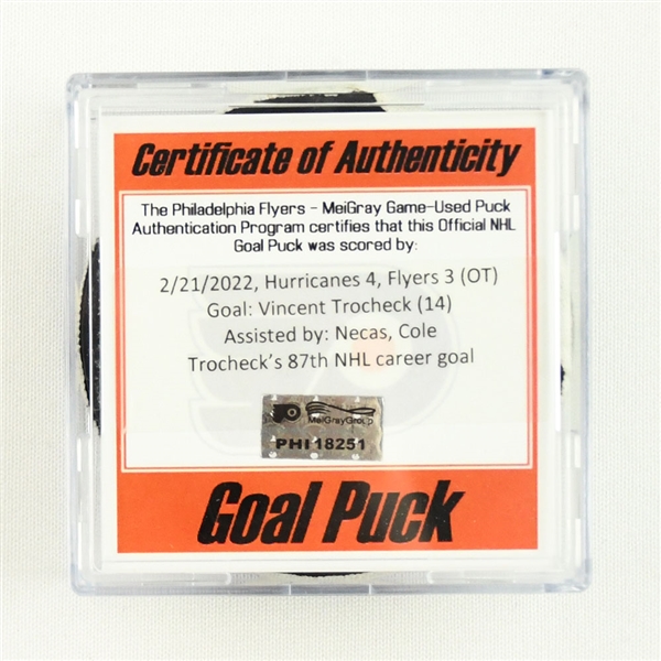 Vincent Trocheck - Carolina Hurricanes - Goal Puck - February 21, 2022 vs. Philadelphia Flyers (Flyers Logo) 