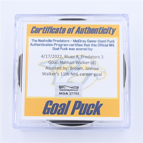 Nathan Walker - St. Louis Blues - Goal Puck - April 17, 2022 vs. Nashville Predators (Predators Logo) - 2021-22 NHL Season