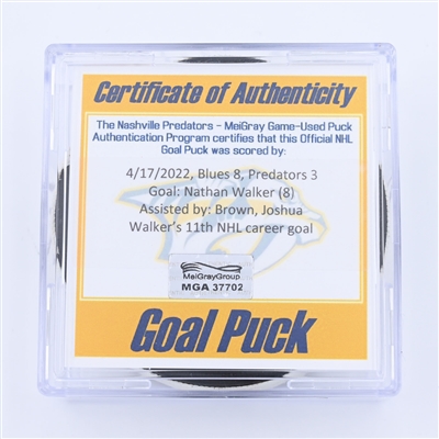 Nathan Walker - St. Louis Blues - Goal Puck - April 17, 2022 vs. Nashville Predators (Predators Logo) - 2021-22 NHL Season