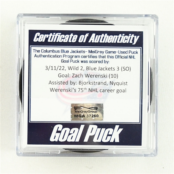 Zach Werenski - Columbus Blue Jackets - Goal Puck - March 11, 2022 vs. Minnesota Wild (Blue Jackets Logo) 