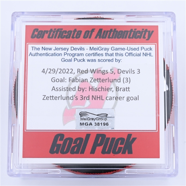 Fabian Zetterlund - New Jersey Devils - Goal Puck - April 29, 2022 vs Detroit Red Wings (New Jersey Devild logo) - 2021-22 NHL Season