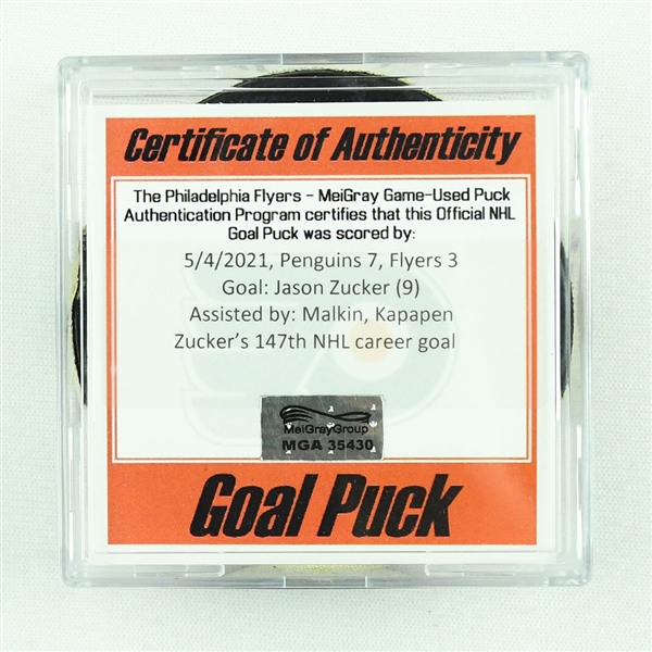 Jason Zucker - Pittsburgh Penguins - Goal Puck - May 4, 2021 vs. Philadelphia Flyers (Flyers Logo)