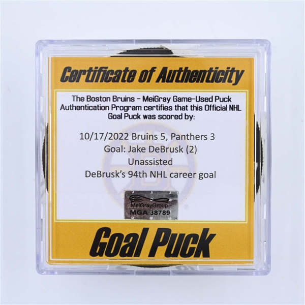 Jake DeBrusk - Boston Bruins - Goal Puck - October 17, 2022 vs. Florida Panthers (Bruins Logo) 