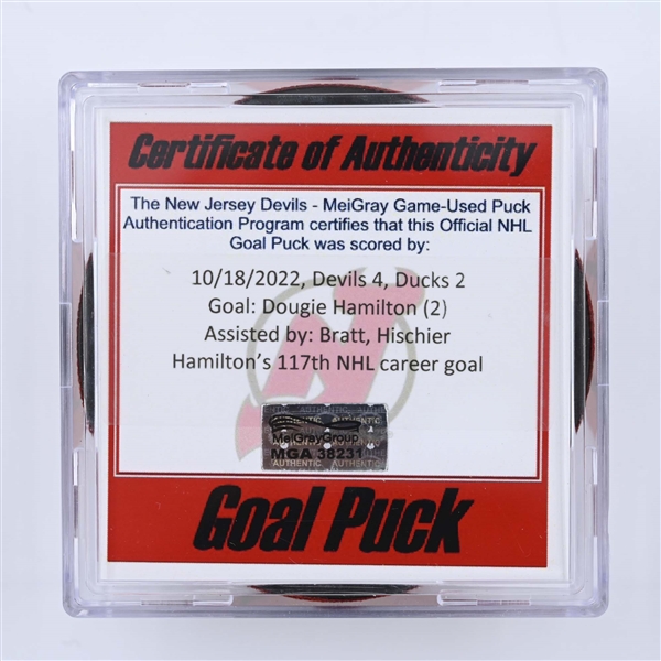 Dougie Hamilton - New Jersey Devils - Goal Puck - October 18, 2022 vs. Anaheim Ducks (Devils 40th Anniversary Logo)