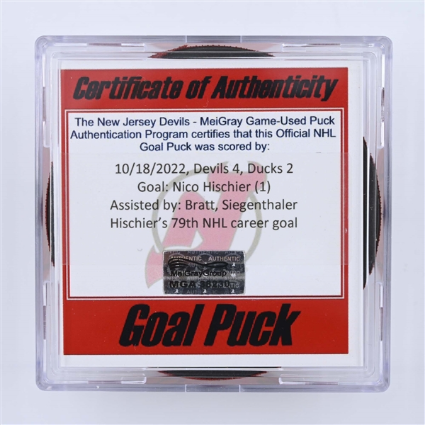 Nico Hischier - New Jersey Devils - Goal Puck - October 18, 2022 vs. Anaheim Ducks (Devils 40th Anniversary Logo)