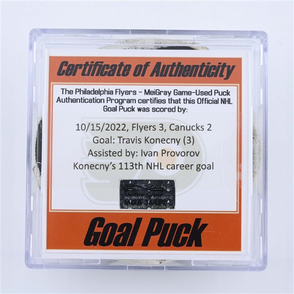 Travis Konecny - Philadelphia Flyers - Goal Puck - October 15, 2022 vs Vancouver Canucks (Philadelphia Flyers logo)