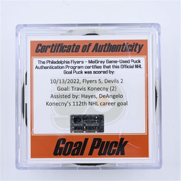 Travis Konecny - Philadelphia Flyers - Goal Puck - October 13, 2022 vs. New Jersey Devils (Flyers Logo) 