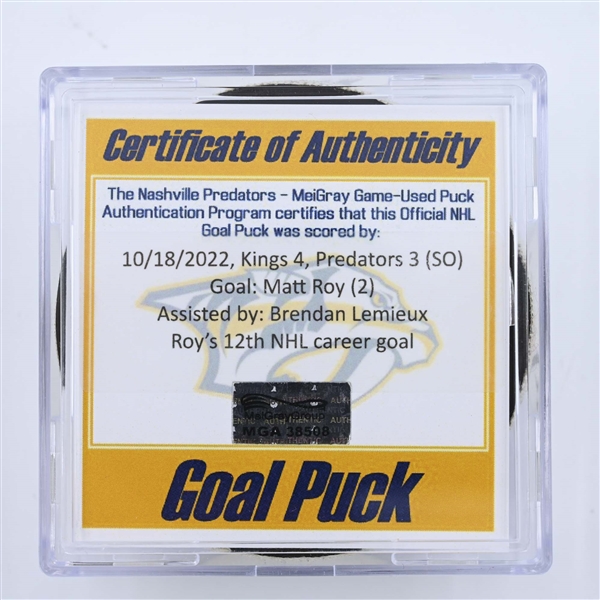 Matt Roy - Los Angeles Kings - Goal Puck - October 18, 2022 vs. Nashville Predators (Predators Logo) 
